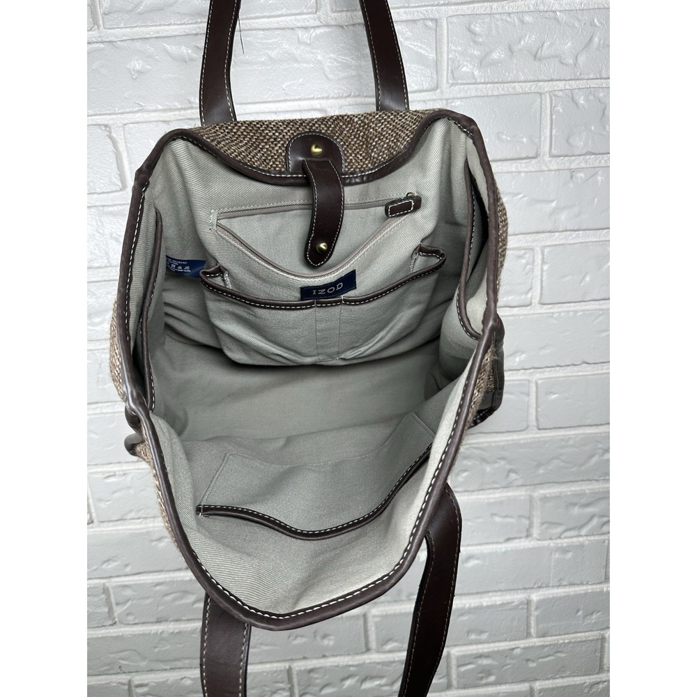 IZOD Brown Tweed Tote Bag Faux Leather Trim‎ Large Shoulder Bag - Picture 4 of 10